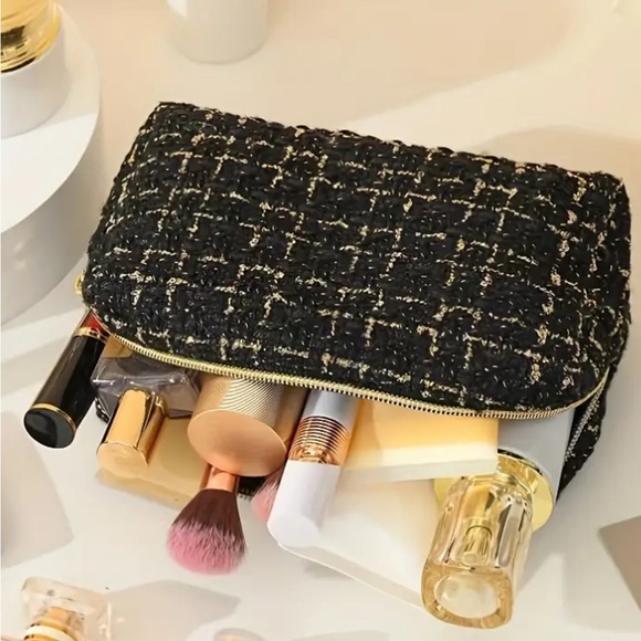 NIP BLACK GOLD TWEED DESIGNER INSPIRED COSMETICS TRAVEL BAG - Picture 6 of 6